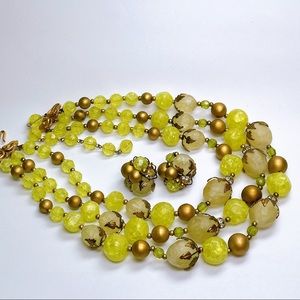 Vintage Chartreuse Bead Necklace Earrings Set